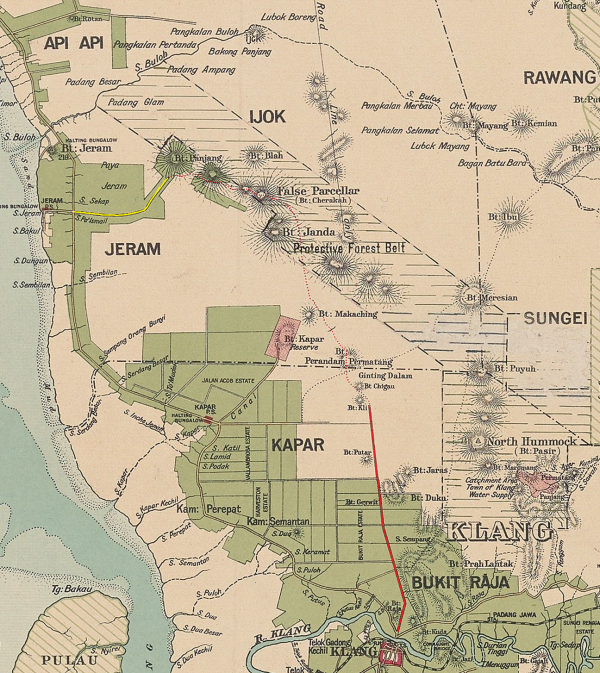 Lakaran kemungkinan jalan Jeram-Bukit Panjang (kuning), dan Sungai Binjai-Bukit Panjang (merah), berdasarkan peta tahun 1904