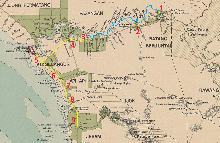 Lakaran kasar perjalanan Rantau Panjang-Jeram (1894), berdasarkan peta tahun 1904